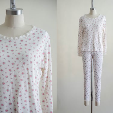 white and pink floral nylon pajamas | vintage cottagecore long sleeve shirt and leggings pajama set 