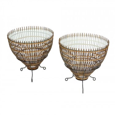Pair of Rattan and Glass Fish Trap Tables