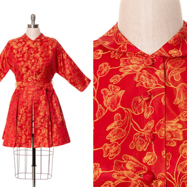 Vintage 1960s Jacket | 60s Floral Satin Jacquard Red Belted Holiday Party Hostess Dress Top (medium) 