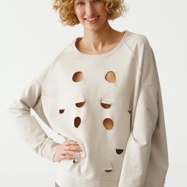 Distressed Pullover with Circular Cut Outs