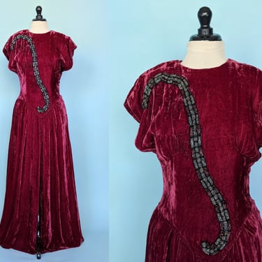 Vintage 30s Burgundy Velvet Full Length Evening Gown, 1930s Beaded and Embellished Old Hollywood Glamour Evening Dress 