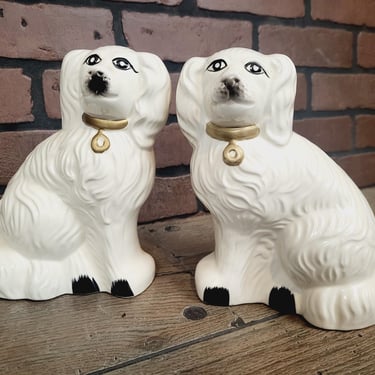 Vintage Ceramic White Staffordshire Spaniel Dog Set 