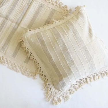 Vintage Crochet Fringe Neutral Textured Throw Pillow Case Cover Set of 2 19"x19" - Deadstock 80s Off White Cotton Striped Set Pillow Covers 