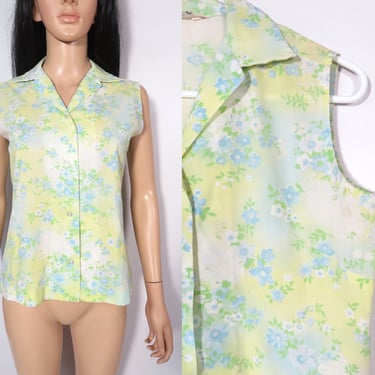 Vintage 60s Loop Collar Lightweight Floral Cotton Sleeveless Blouse Size M 