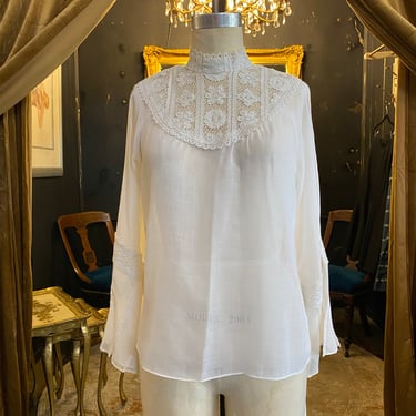 1970s blouse, victorian style, vintage 70s blouse, sheer ivory cotton, bell sleeves, cottagecore, medium, crochet lace, button back, tunic 