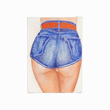 Vintage Acrylic Painting Woman Backside in Jeans Shorts 