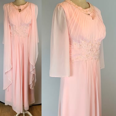 Pink Chiffon Empire Waist Short Sleeve Wedding Gown | Vintage  | Floral Lace Sequins  | Size Small Medium | 