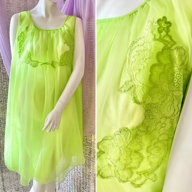 Lime Green Negligee, Sheer Chiffon Nightgown, Lacy Nightie, Vintage 50s 60s Lingerie 