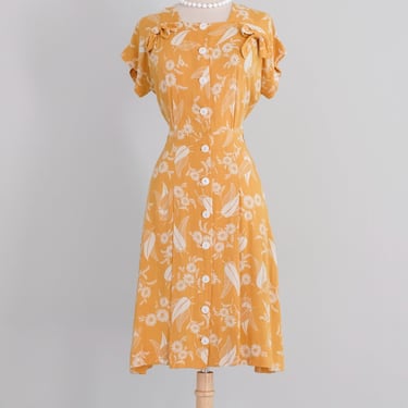 Vintage 1940's Marigold Yellow Floral Swing Dress by Dayton / S