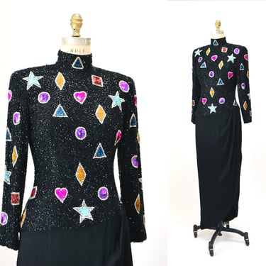 80s Vintage BOB MACKIE Dress Sequin Beaded Gown Small Medium Jewels Hearts Stars Sequin Metallic Pink Purple Black Gown Dress Small Medium 