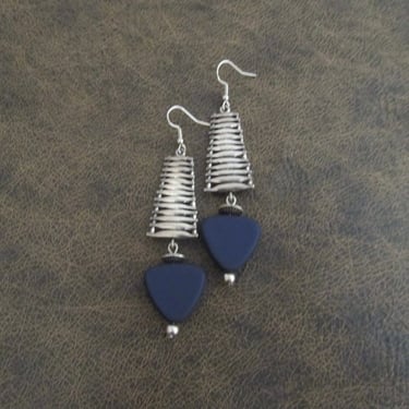 Silver ethnic earrings, chandelier earrings, statement earrings, chunky bold earrings, mid century earrings, blue triangle earrings, modern 