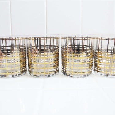 Vintage Krosno Poland Set of 4 Low Ball Glasses Gold Silver Plaid - Vintage Barware Whiskey Cocktail Glasses 