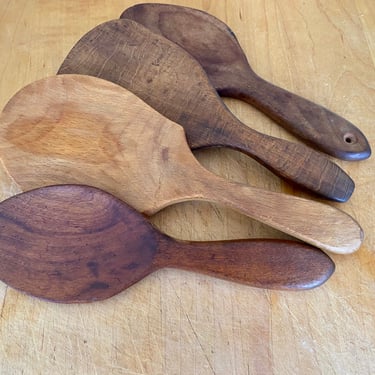 4 Rustic Wooden Kitchen Tools~ 2 Antique Handmade Wood Butter Paddles~ 2 Primitive Curd Spoons~ Vintage Farmhouse Old Kitchen Collection~ 