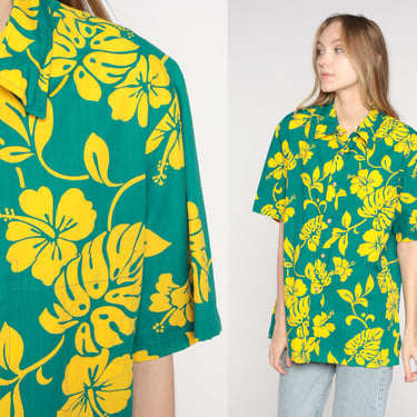 Green Hawaiian Shirt 90s Tropical Floral Button Up Yellow Hibiscus Flower Top Retro Surfer Tourist Short Sleeve Vintage 1990s Men's Medium M 
