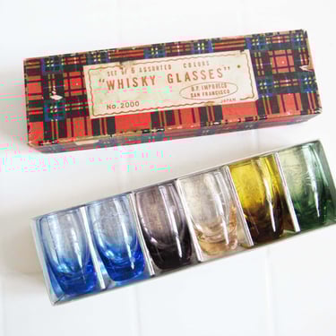 Vintage 1950s Multicolor Whisky Shot Glasses Made in Japan Set of 6 - Retro Barware Original Packaging 