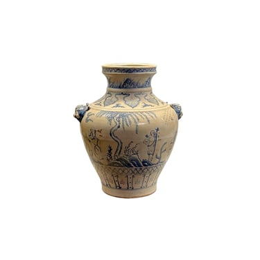 Vintage Handmade Light Tan Cream Base Blue Scenery Graphic Pottery Ceramic Vase ws4414E 