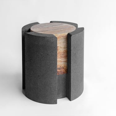 Bespoke Black Lava Stone & Red Travertine Graphic Modern Round Stool/Sidetable