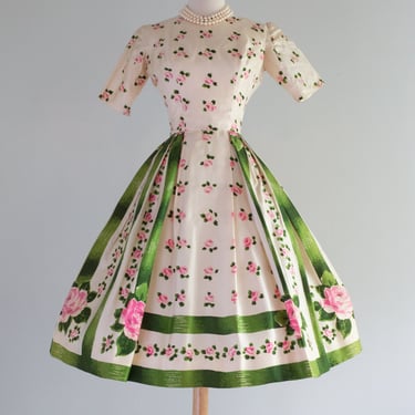 Delightful 1950's Silk Rose Print Party Dress With Green Ribbons / Small