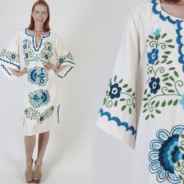 Heavily Hand Embroidered Mexican Peacock Dress, Cotton Angel Kimono Bell Sleeves, Vintage Latin American Wedding Birds Gown 