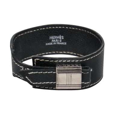 Hermes - Black Leather "Artemis" Contrasting Stitched Bow Cuff Bracelet