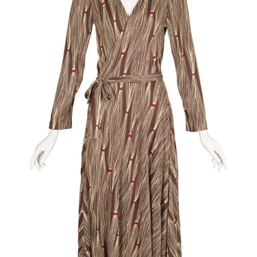 Diane von Furstenberg 1976 F/W Tassel Print Brown Jersey Vintage Midi Wrap Dress Sz S 