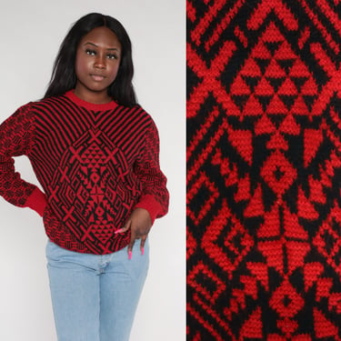 80s Geometric Sweater Red Wool Pullover Knit Sweater Saks 5th Avenue Op Art Statement Jumper Psychedelic Retro Black Vintage 1980s Medium M 