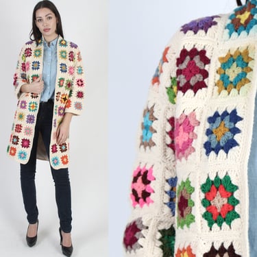 70s OOAK Granny Knit Sweater Jacket, Womens Vintage Quilt Squares Cardigan Handmade Coat 