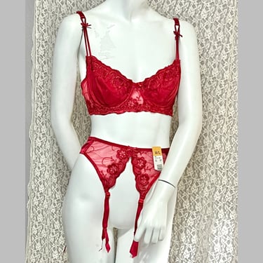 Dark Red Lingerie, Garter and Matching Bra, Vintage Deadstock, Lacy, Sheer, NOS, Original Tags 