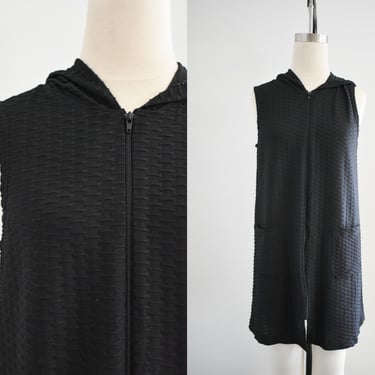 1990s Hooded Black Swimsuit Cover Up or Mini Dress 