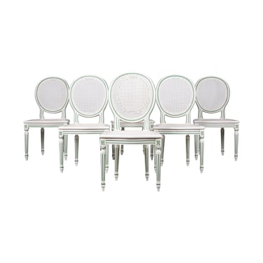 French Louis XVI Style Painted Cane Dining Chairs - Set of 6 