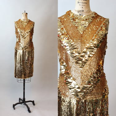 1960s GOLD SEQUIN dress pailettes top skirt set small medium | new fall 
