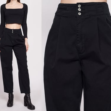 80s Esprit Pleated Black High Waisted Pants - Small, 26" | Vintage Cotton Tapered Leg Mom Trousers 