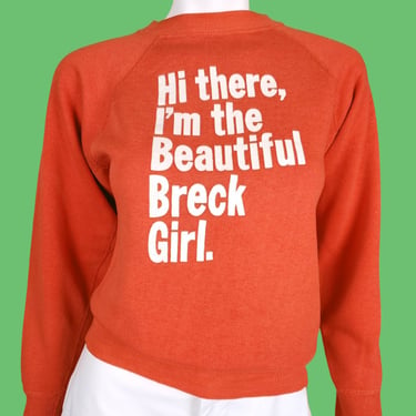 BRECK shampoo promotional sweatshirt from the 1970s. Orange & white. Vintage beautiful Breck girl Ad. (XS) 