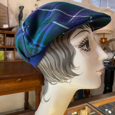 1970s newsboy cap, golf hat, blue and green wool plaid, vintage 70s hat, driving flat cap, john mills england, 