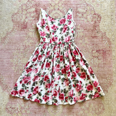 AS-IS *** Vintage 1950s 50s Rose Floral Printed Cotton Sundress White Pink Full Skirt Fit and Flare Day Dress (small) 