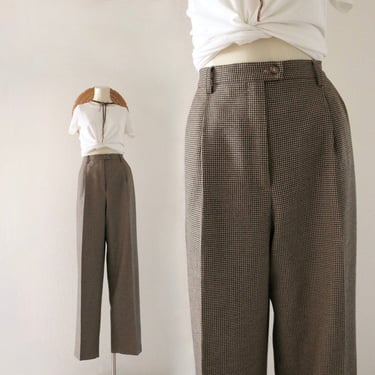 micro houndstooth wool trousers - 32 - vintage 90s y2k brown tan womens pleat front high waist pants 