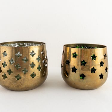 One Vintage Solid Brass Pierced Candle Cup with Glass Cup Insert, Gold Metal Votive or Tea Candle Holders with Cut-Outs 