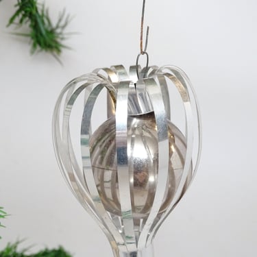 Vintage 1950's Christmas Tree Ornament, Mercury Glass Ball in Mylar Lantern, Antique MCM Retro Holiday Decor 