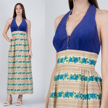 70s Candi Jones Floral Halter Maxi Dress - Extra Small | Vintage Boho Velour Trim Backless Sundress 