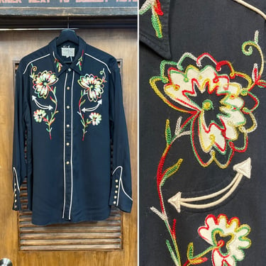 Vintage 1950’s “H Bar C” Jet Black Western Cowboy Rodeo Rayon Gabardine Rockabilly Shirt, 50’s Ranchwear, Vintage Clothing 