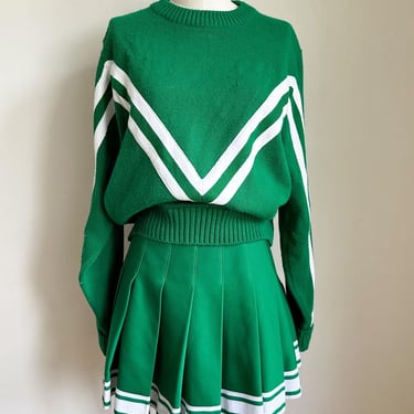 Vintage 1980s Green & White Chevron Cheerleader 2pc Uniform / XS 