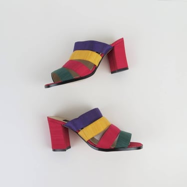 Vintage color block sandals, mules, slides, block heel, rainbow, nos, deadstock, size 6.5 