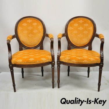 French Louis XVI Style Upholstered Oval Back Dining Arm Chairs - a Pair