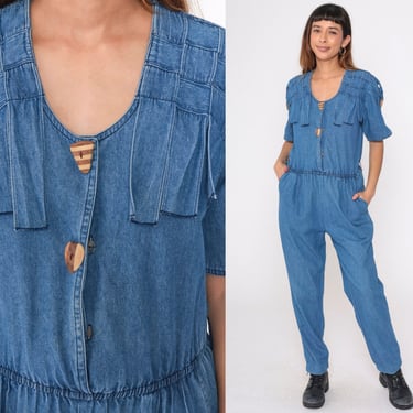 90s Denim Jumpsuit Woven Lattice Fringe Tapered Pants Jean Romper Wooden Button Up Vintage Short Sleeve High Waisted 1990s Blue Small S 
