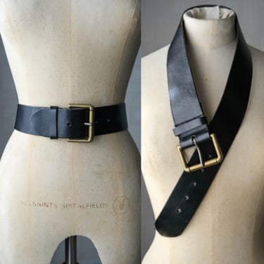 OSPREY LONDON Black Leather Wide Waist Belt w/ Brass Roller Buckle | 100% Genuine Leather | 2000s Y2K English Designer Unisex Leather Belt 