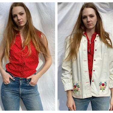 1970's Embroidered Jacket and Shirt Set / Lightweight Cotton Tank Top Sleeveless Shirt / Liberty Calico Print Button Up Shirt Denim Shirt 