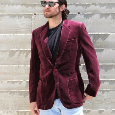 Vintage 70s Jaguar Burgundy Velvet Blazer, 42R, Smoking Jacket for Men 