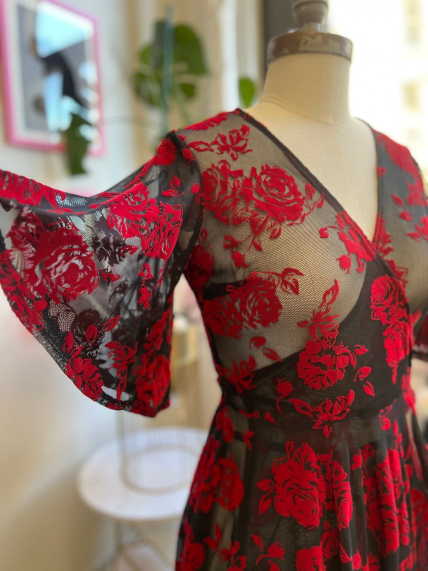 Aurora Wrap Dress in Flocked Red Roses | Wax Poetic Clothing ...