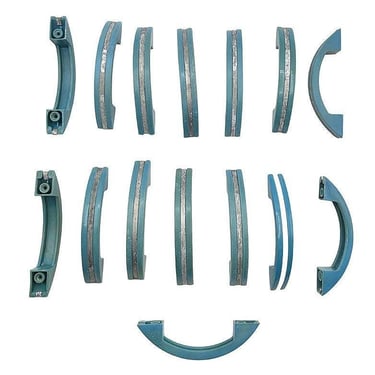 Art Deco Sky Blue Bakelite Drawer Pulls w/ Chrome Strip, Set of 15 