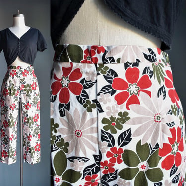 Vintage 1950s Style Cigarette Pants / Vintage 50s Style Capri Pants / Floral Capri Pants / Stretchy 1950s Style Pants 26 Waist 